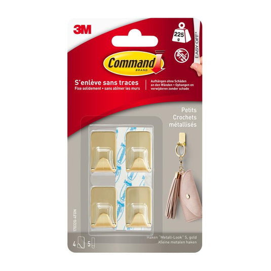 Cârligul metalic Command™ mărimea S, de culoare aurie (17032BR-4ES), de la 3M Deutschland GmbH, conține 4 cârlige și 5 benzi adezive pentru o fixare fără a provoca deteriorări – ideal pentru agățarea brelocurilor și a altor obiecte.