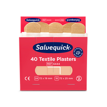 O cutie roșie deschisă Orkla Wound Care AB Textilgips (40 buc./Reîncărcare, 6 bucăți) arată în interior plasturi bej și pe partea din față dimensiuni, informații despre produs și simboluri de certificare.