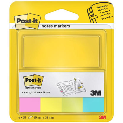 Un pachet de markere Post-it® Page de la 3M Deutschland GmbH conține patru blocuri în format 20 mm x 38 mm (fiecare cu 50 de foi, 100% PEFC) în culorile galben, roz, verde și albastru. Ambalajul este prevăzut cu o ilustrație de carte și informații despre produs.