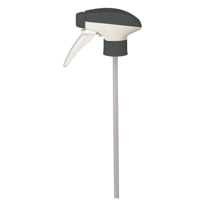 Pulverizatorul de rezervă Room Care R4 de la Diversey Deutschland GmbH & Co. OHG, pentru întreținerea mobilierului R4, are o duză alb-negru cu un tub lung și transparent. Vândut ca cutie (5 pachete), ilustrat pe un fundal alb monocrom.