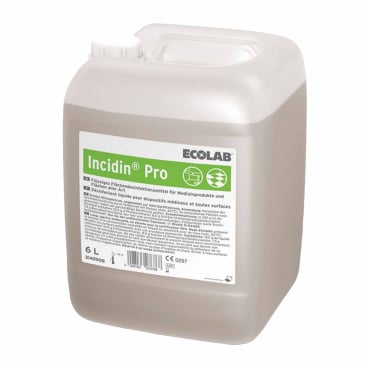 Ein 6-Liter-Kanister des Desinfektionsmittels Incidin Pro von Ecolab in einer Originalverpackung mit weißem Etikett und grünem und schwarzem Text auf weißem Hintergrund.