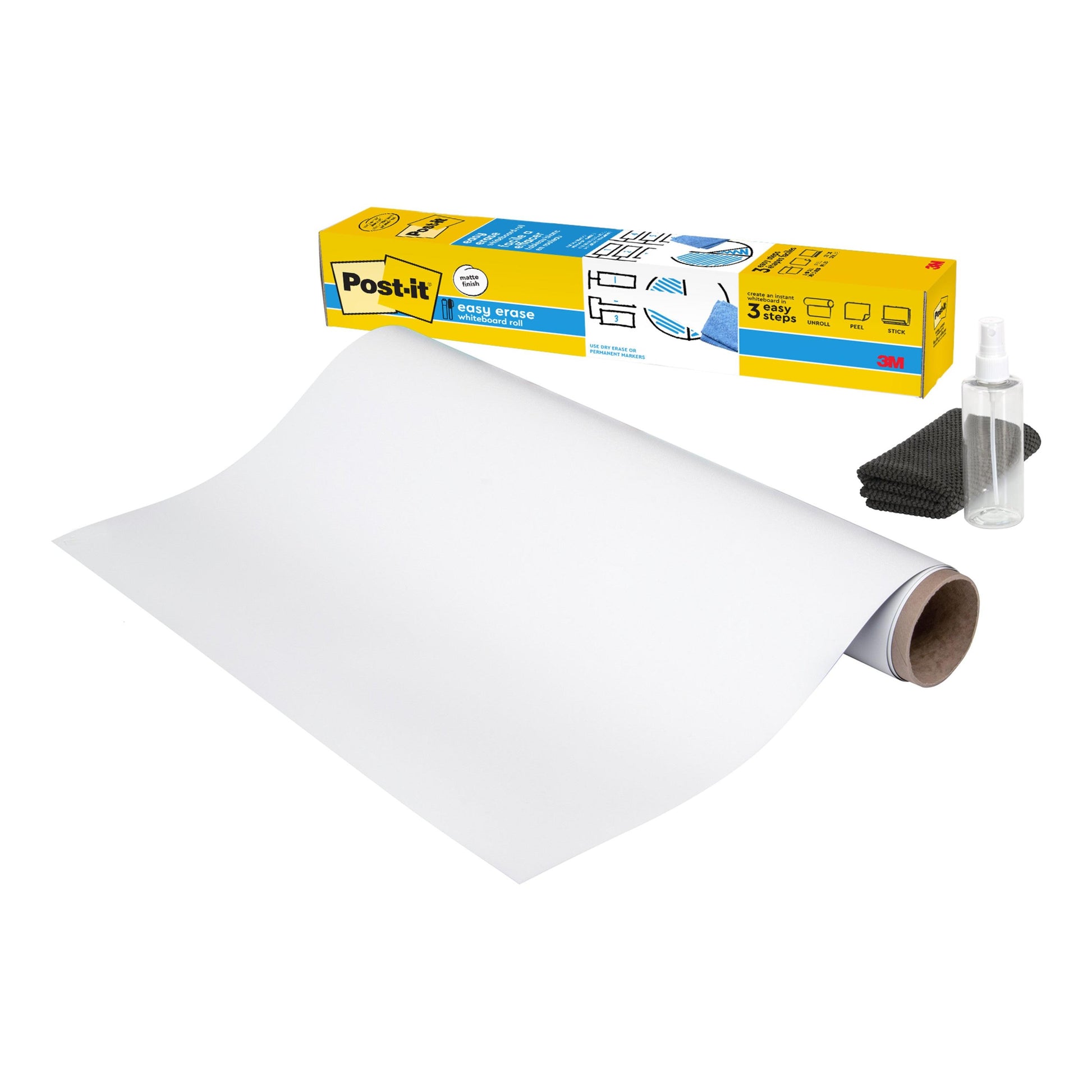 Eine Rolle Post-it® Easy Erase Whiteboard-Oberfläche von 3M Deutschland GmbH, daneben die gelb-blaue Verpackung, eine kleine Sprühflasche und ein gefaltetes schwarzes Tuch auf weißem Hintergrund.