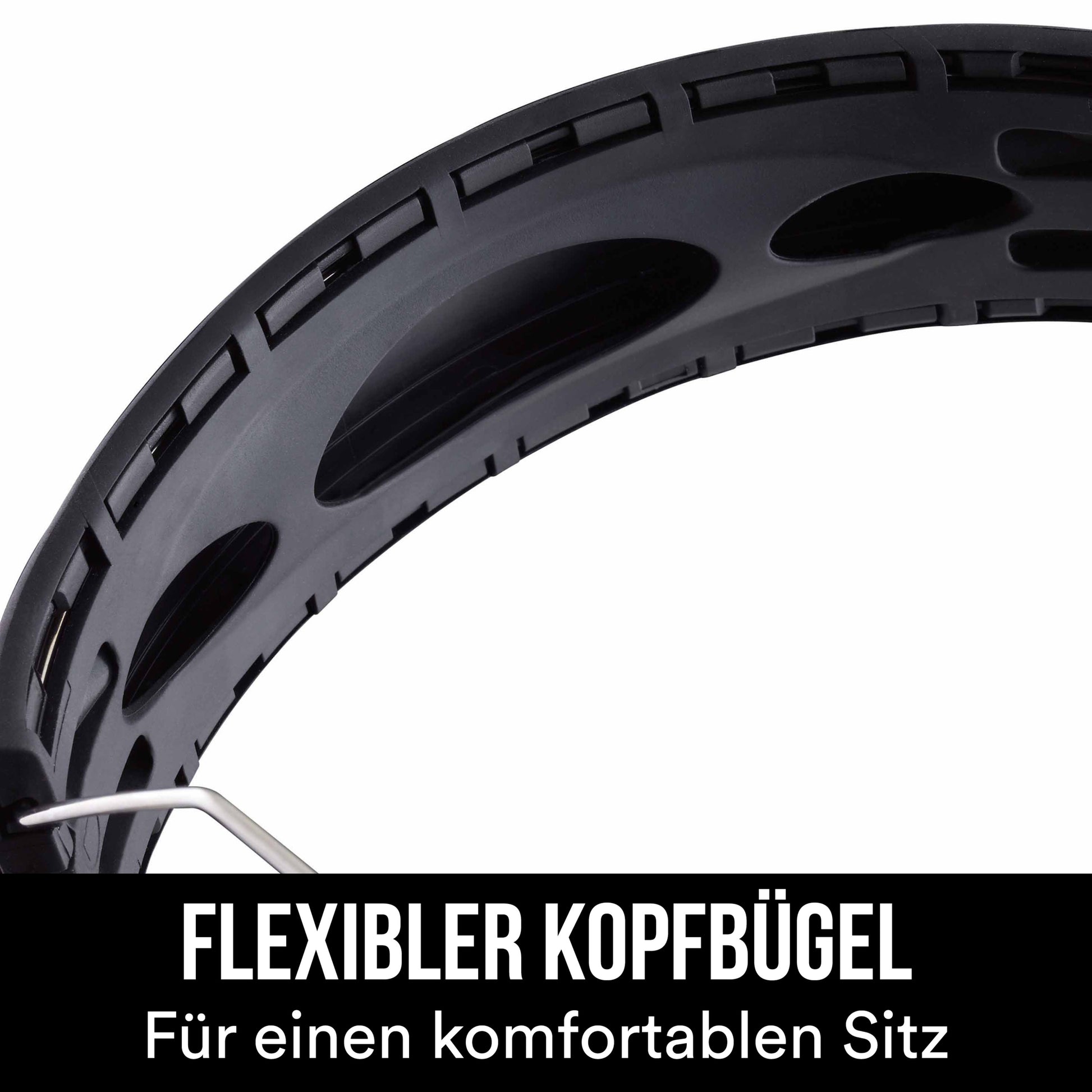 Nahaufnahme des 3M™ WorkTunes™ Connect Kapselgehörschutz 90543E in Schwarz mit flexiblem Kopfband. Der deutsche Text hebt hervor: "FLEXIBLER KOPFBÜGEL - Für einen komfortablen Sitz." Idealer Bluetooth Gehörschutz, SNR 31 dB.