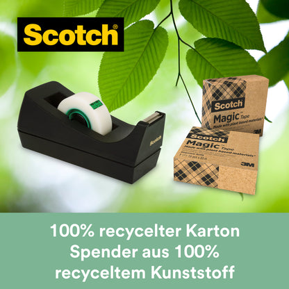 Suportul de birou negru Scotch® C38 de la 3M Deutschland GmbH este pregătit cu trei role de bandă adezivă Scotch® Magic™ (19 mm x 33 m, din 66% adeziv pe bază de plante) - alegerea ecologică pentru utilizarea zilnică.