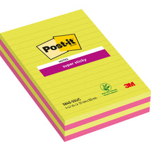 Eine Packung der 3M Deutschland GmbH Post-it® Super Sticky Notes im Großformat, liniert, 127 x 203 mm, verschiedene Farben, 45 Blatt pro Block, 4 Blöcke pro Packung. Hergestellt aus 100% PEFC-zertifiziertem Papier.