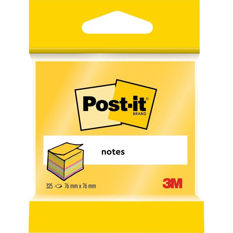 Un pachet de note Post-it® Notes cub 3M (76x76 mm, 450 foi/bloc, 100% PEFC) al 3M Deutschland GmbH este prevăzut cu logo-ul, imaginea notelor stivuite, "Notes" și un ambalaj galben.