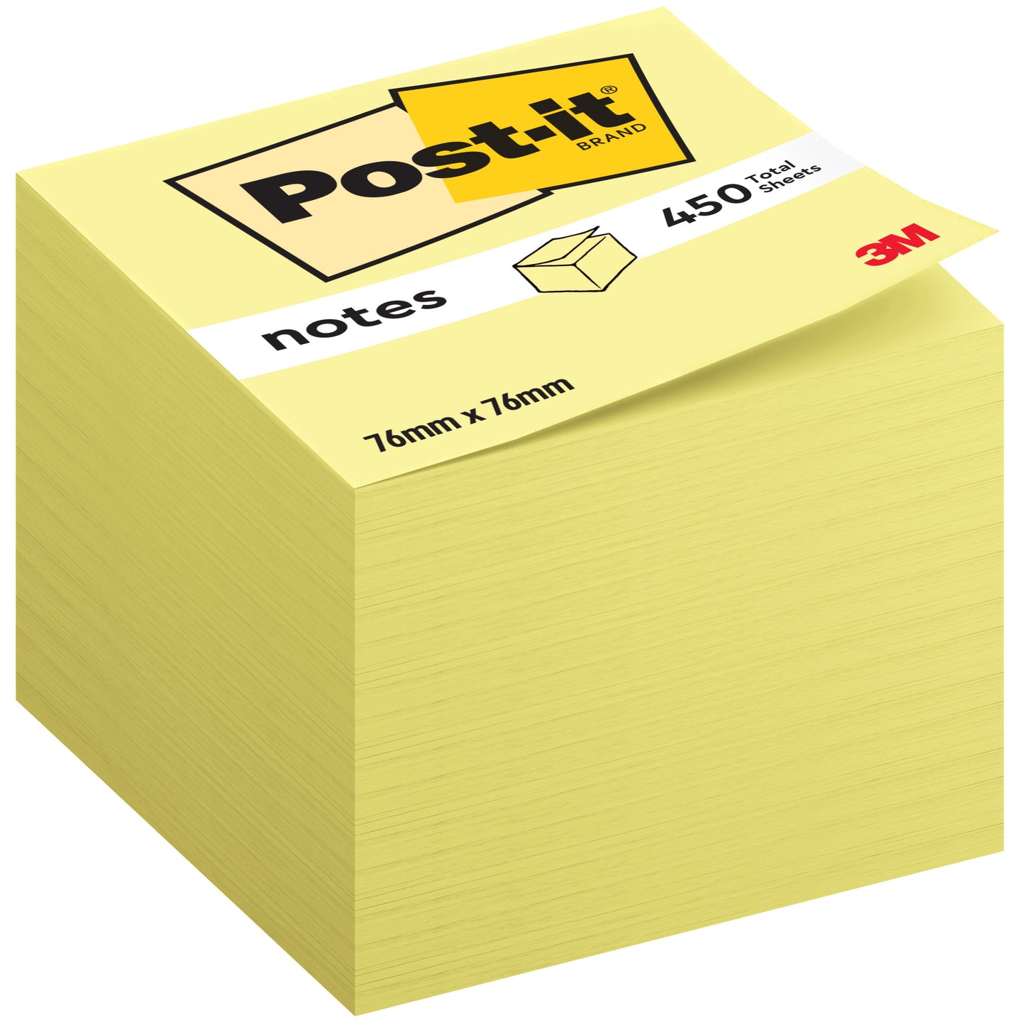 Ein Stapel gelber Post-it® Notes Würfel, 76 x 76 mm, 450 Blatt pro Block, mit dem 3M Logo unten rechts auf dem Etikett. Enthält einen Block pro Packung und besteht zu 100% aus PEFC-zertifiziertem Papier.