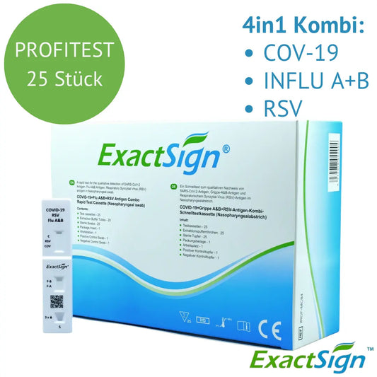 Eine Schachtel mit der Aufschrift "ExactSign 4in1 Antigen Combo Rapid Test" (25 Stück) von ExactSign für COV-19, Influenza A+B und RSV ist auf einer weißen, grünen und blauen Diagnostikverpackung abgebildet.
