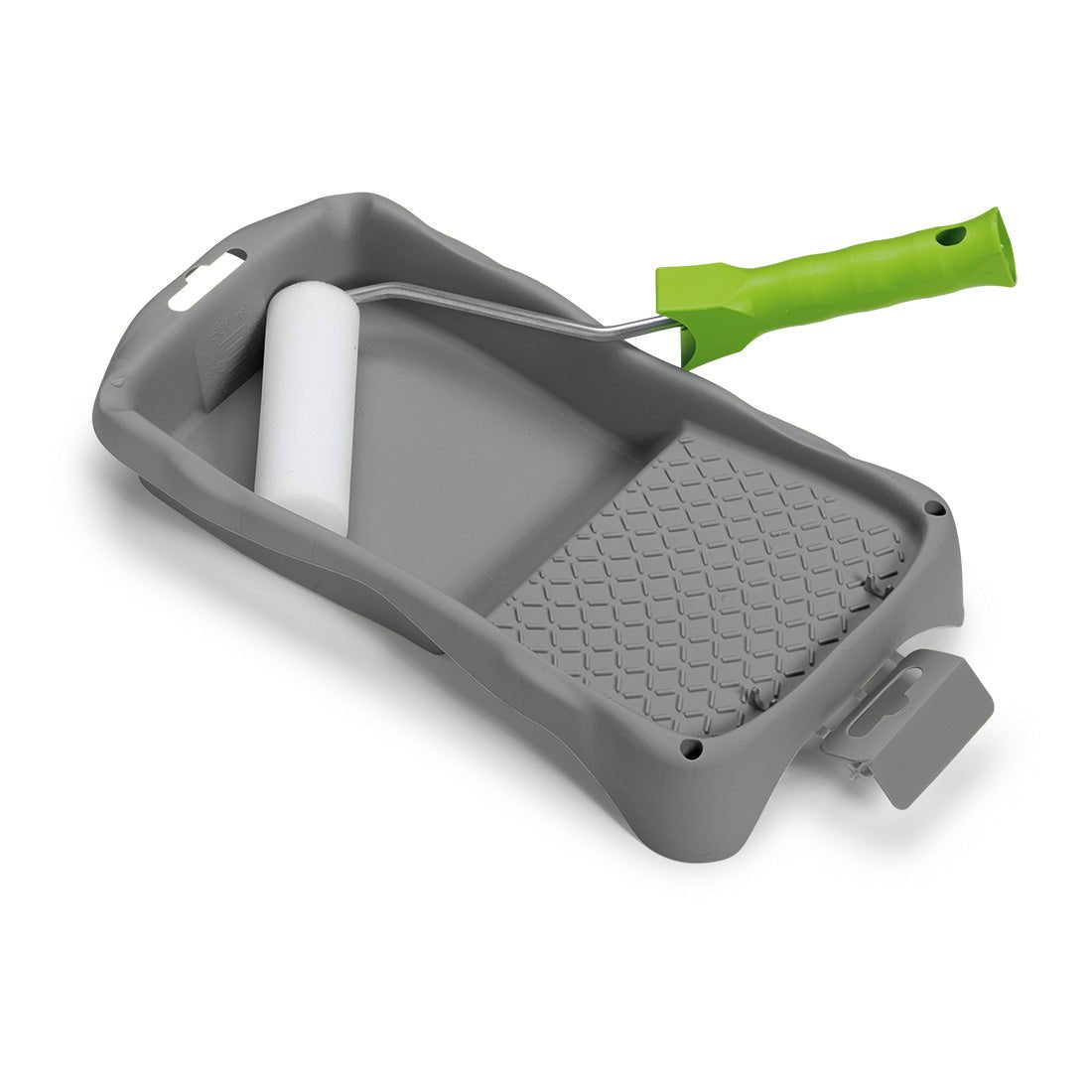 Tavă de vopsea gri cu suprafață texturată și rolă mică albă cu mâner verde, ideală pentru lucrări de pictură profesionale sau pentru utilizare cu setul de vopsire Nölle Profi Brush, pensulă rotundă de 10 cm de la Nölle Profi Brush Bürsten- & Pinseltechnik e.K.