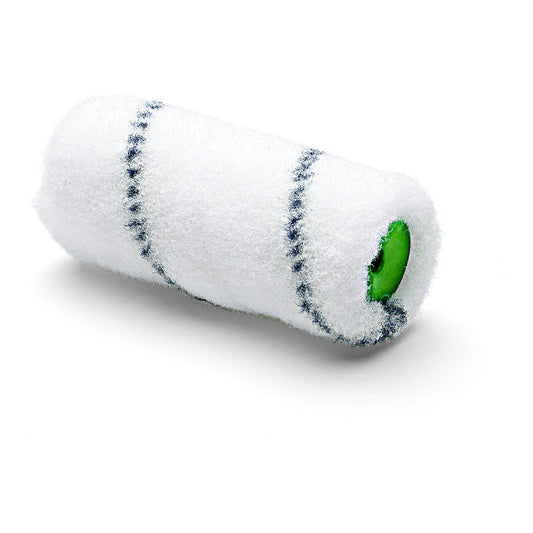 Die Nölle Profi Brush Kombiwalze Nylon 10 cm von Nölle Profi Brush Bürsten- & Pinseltechnik e.K. ist weiß mit zwei dünnen schwarzen Streifen und einem sichtbaren grünen Kern, abgebildet auf einem einfarbig weißen Hintergrund - perfekt für Ihren Malbedarf.