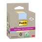Eine Packung 3M Post-it® Super Sticky Recycling Notes, 76x76 mm, 70 Blatt/Block, aus 100% PEFC-zertifiziertem Recyclingpapier, pastellfarben. Werbeaktion: 3 kaufen, 1 gratis. Mit erneuerbarem Klebstoff für starken Halt.