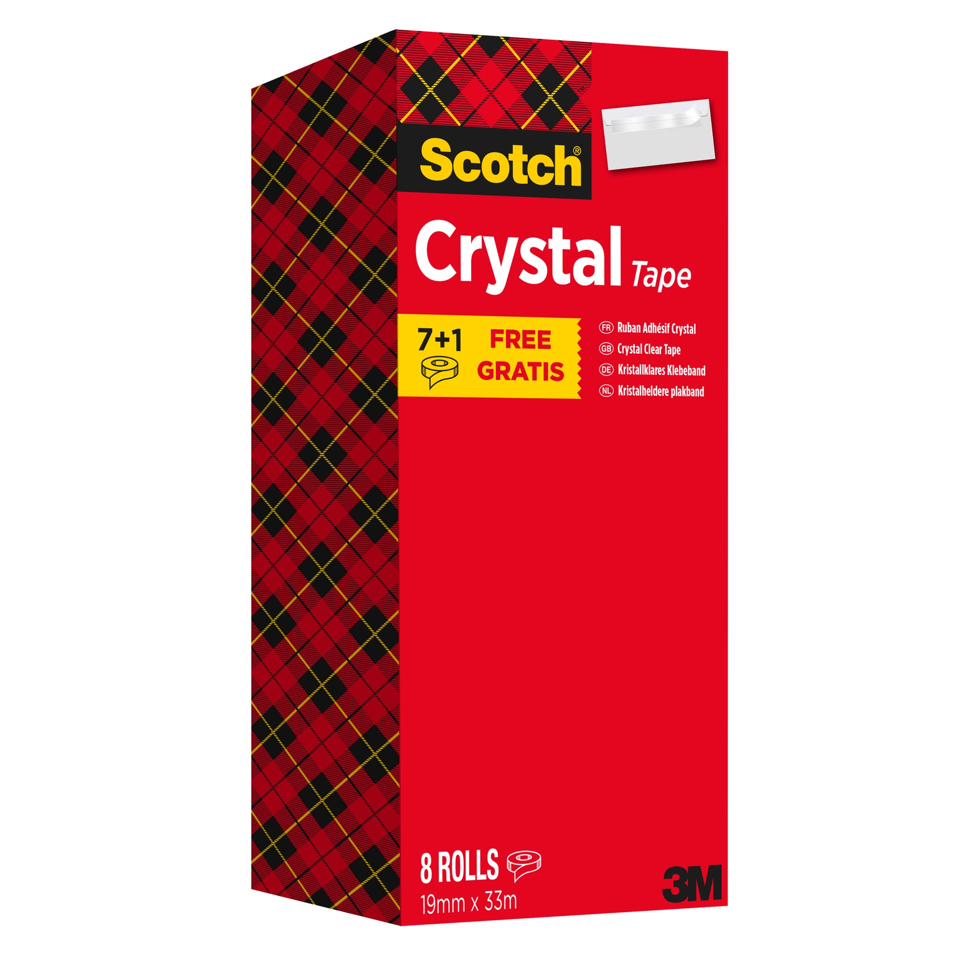 Eine Packung 3M Scotch® Crystal Klebeband, transparent, Vorteilspack mit 8 Rollen (19 mm x 33 m) in einer rechteckigen Schachtel mit rotem Schottenmuster und einem gelben "7+1 free"-Etikett.