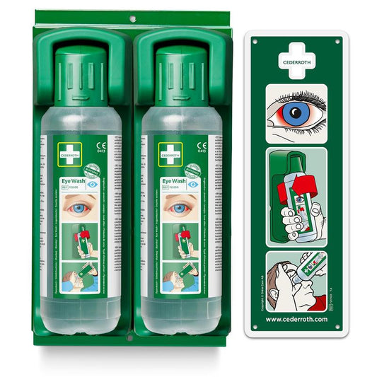 Die Orkla Wound Care AB Wandhalterung hält zwei 500-ml-Augenspülflaschen und enthält ein im Dunkeln leuchtendes Hinweisschild, das zeigt, wie die Flaschen für die Augenspülung zu verwenden sind. Die Packung enthält 1 Halterung und ein Hinweisschild.