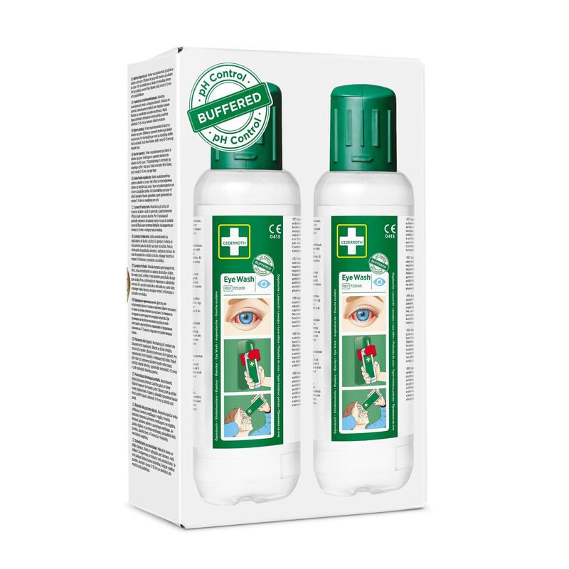 Cederroth Spălare pentru ochi 2 x 500 ml, pachet de 2 de la Orkla Wound Care AB conține două sticle cu capac verde și instrucțiuni clare - un must-have pentru ajutor rapid în caz de leziuni oculare.