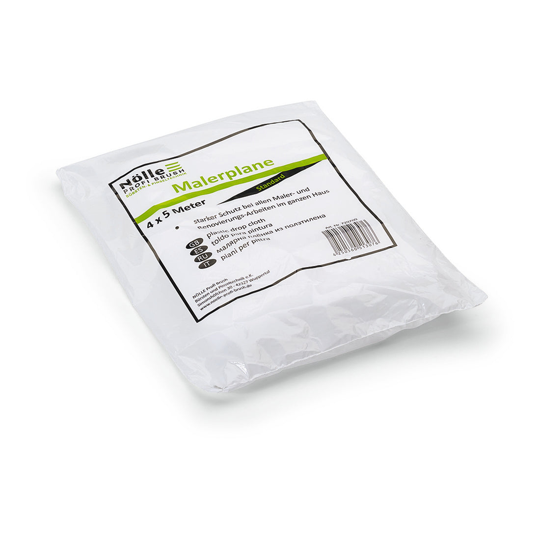 Abgebildet ist eine versiegelte Nölle Profi Brush Malerplane 4x5 m (11 my), strapazierfähig für Malerarbeiten, 1 Stück, von Nölle Profi Brush Bürsten- & Pinseltechnik e.K., mit Etikett, Symbolen & Barcode, auf weißem Hintergrund.