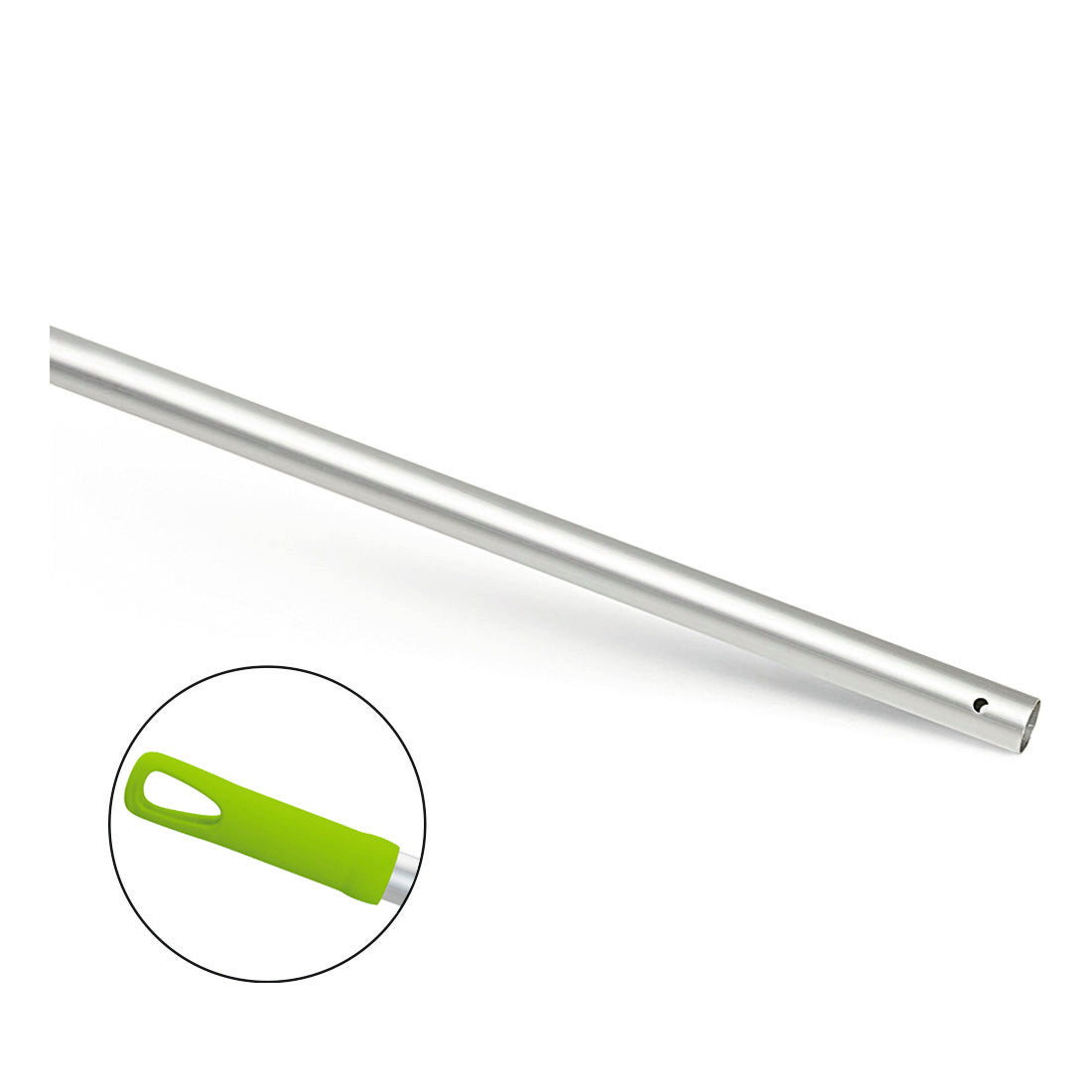 Der Nölle Profi Brush Aluminium Mopstiel 140 cm, Ø 24 mm mit Querloch (1 Stück) von Nölle Profi Brush Bürsten- & Pinseltechnik e.K. verfügt über einen Metallstab mit Querloch und einen grünen Kunststoffstiel mit Aufhängeöffnung.