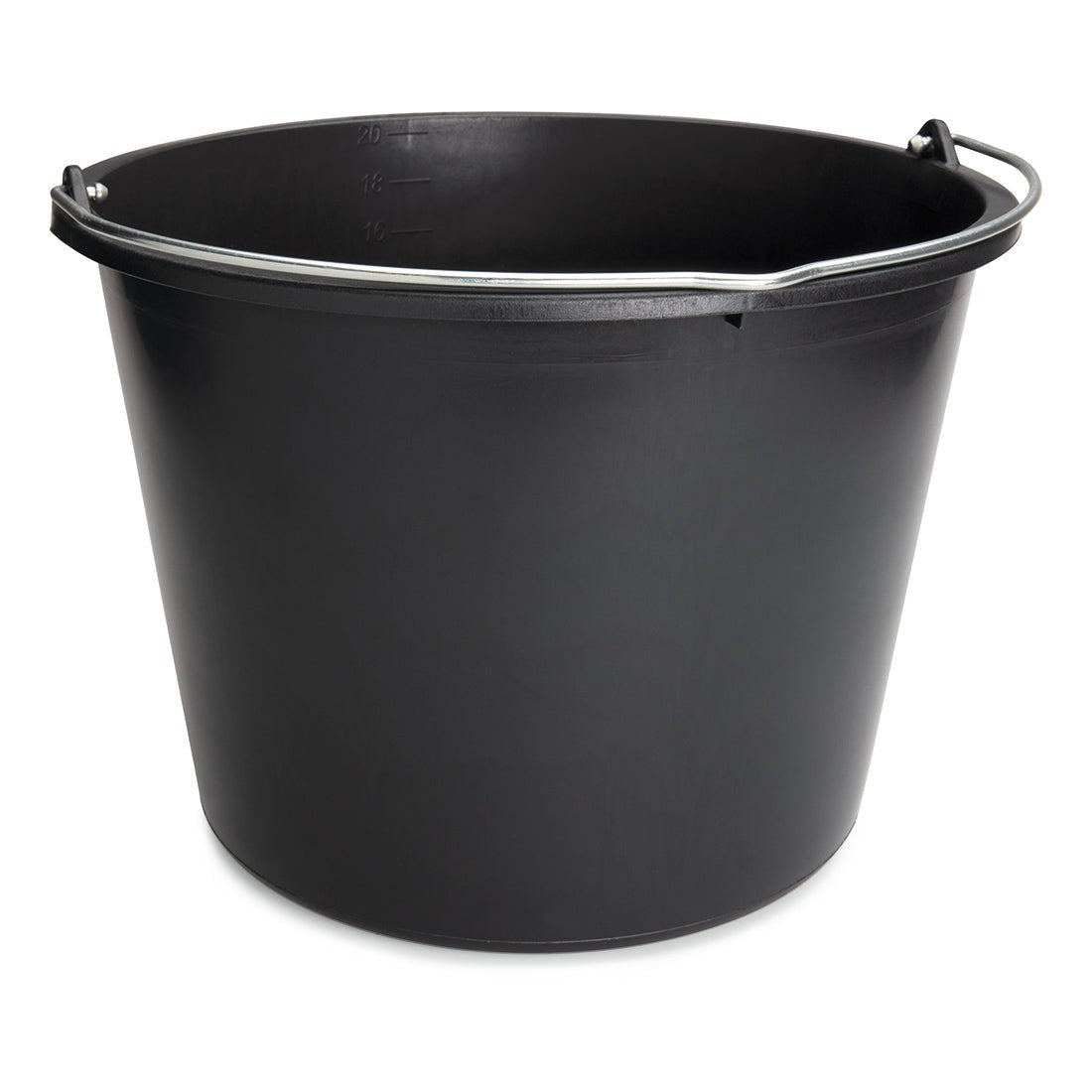 Der Nölle Profi Brush Baueimer aus schwarzem Kunststoff mit Metalltragegriff und Innen-Skala von Nölle Profi Brush Bürsten- & Pinseltechnik e.K. steht auf weißem Hintergrund.
