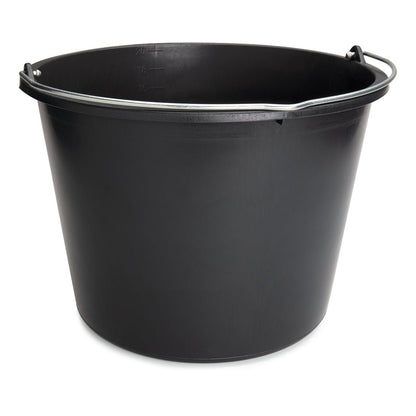 Der Nölle Profi Brush Baueimer aus schwarzem Kunststoff mit Metalltragegriff und Innen-Skala von Nölle Profi Brush Bürsten- & Pinseltechnik e.K. steht auf weißem Hintergrund.