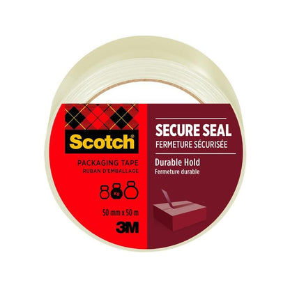 O rolă de bandă adezivă de ambalare Scotch® pentru o închidere sigură, 50 mm x 50 m, de la 3M Deutschland GmbH, cu o etichetă roșie cu pictograme, text bilingv (engleză/franceză) și inscripțiile "SECURE SEAL" și "Durable Hold".