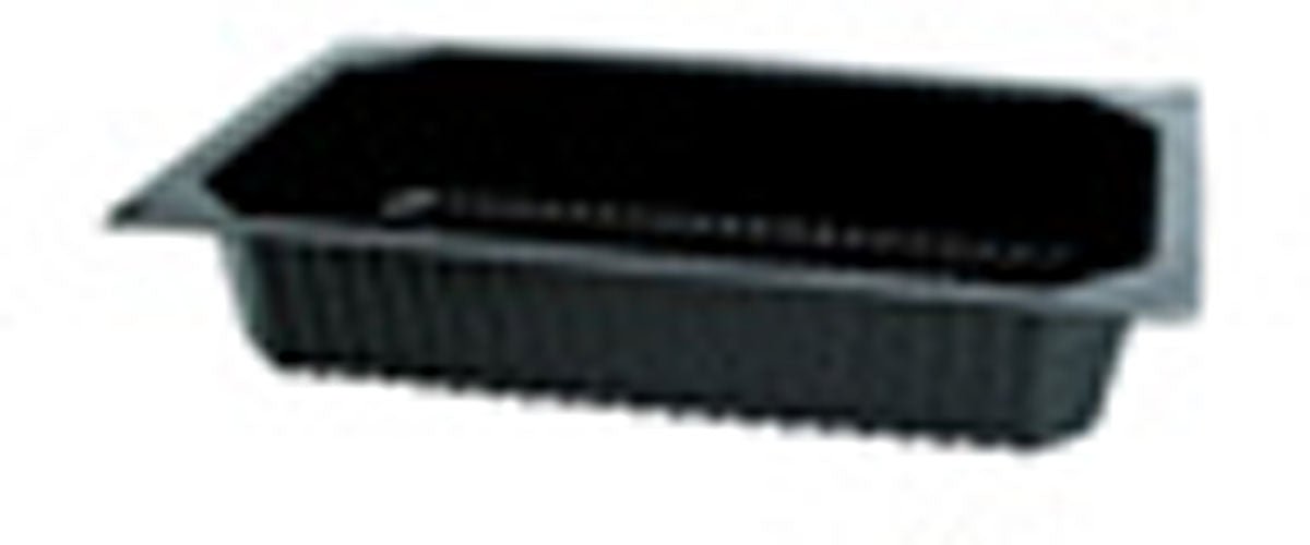 Duni GmbH PP Schale 1/4 GN Schwarz este o tavă de servit neagră cu laturi nervurate și o margine plată, perfectă pentru prezentarea la bufet în gastronomie, ilustrată pe un fundal alb.