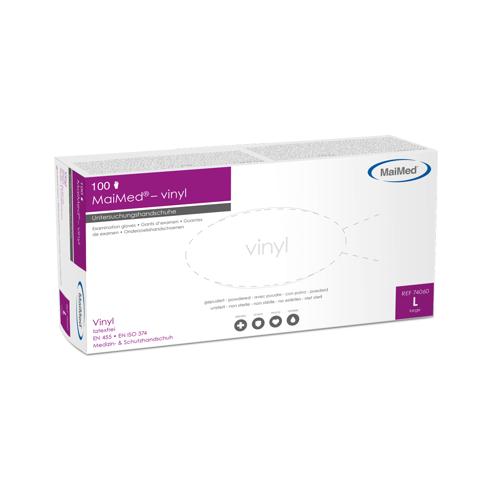 Mănuși de examinare MaiMed-vinil, nesterile, pudră, 100 bucăți/cutie