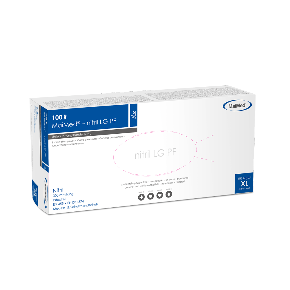 MaiMed-nitril LG PF albastru, mănuși sterile fără pudră, fără latex, lungime 300 mm