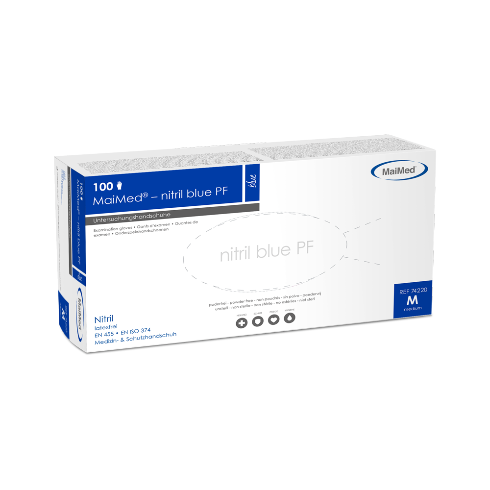 MaiMed-nitril albastru PF Blue, nesteril, pulbere. Mănuși fără latex 100 buc/cutie