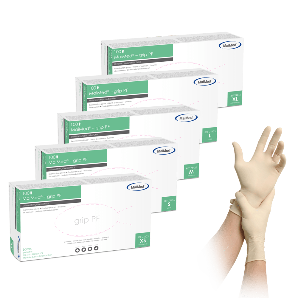 Mănuși de examinare din latex MaiMed-grip PF, nesterile, fără pulbere