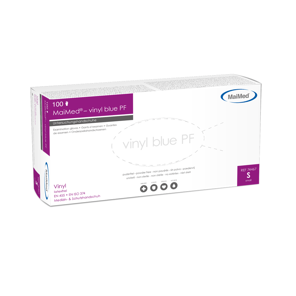Mănuși de examinare de vinil MaiMed-albastru de vinil PF, nesterile, fără pulbere 100 buc/cutie