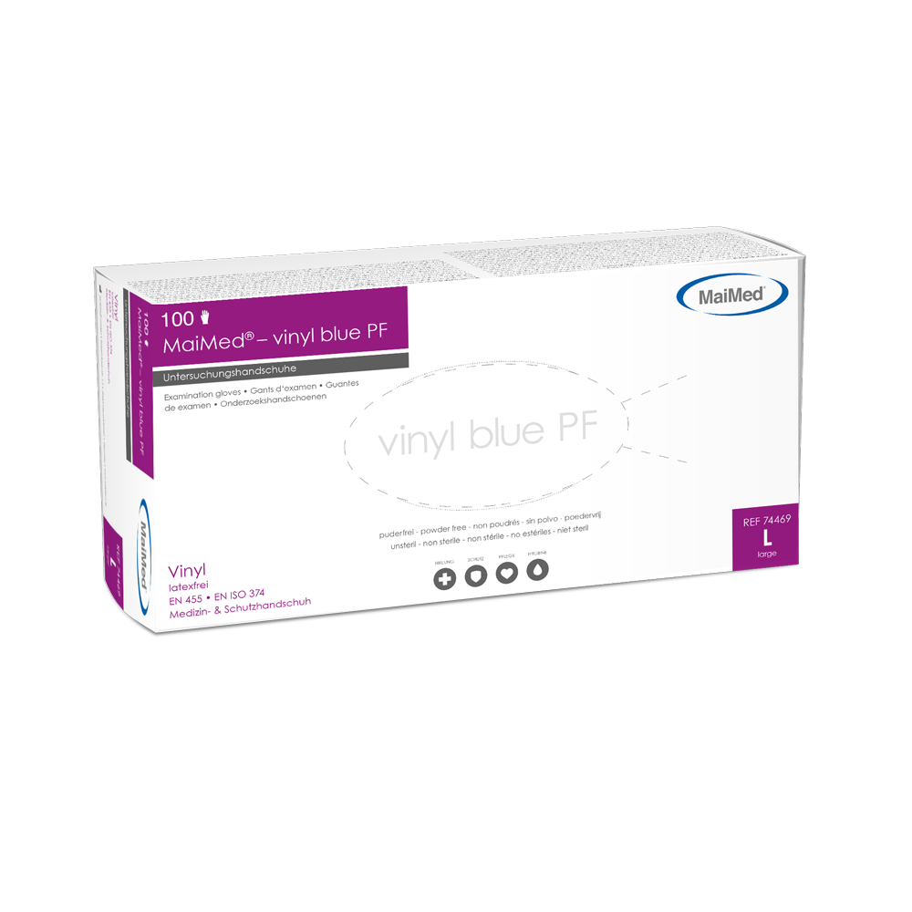 Mănuși de examinare de vinil MaiMed-albastru de vinil PF, nesterile, fără pulbere 100 buc/cutie