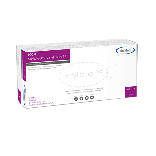 Mănuși de examinare de vinil MaiMed-albastru de vinil PF, nesterile, fără pulbere 100 buc/cutie