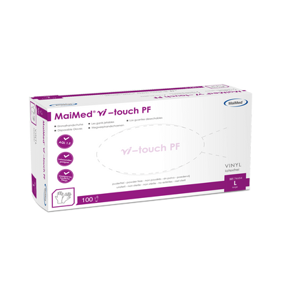 Mănuși de vinil de unică folosință MaiMed vi-touch, fără pudră, 100 bucăți/cutie