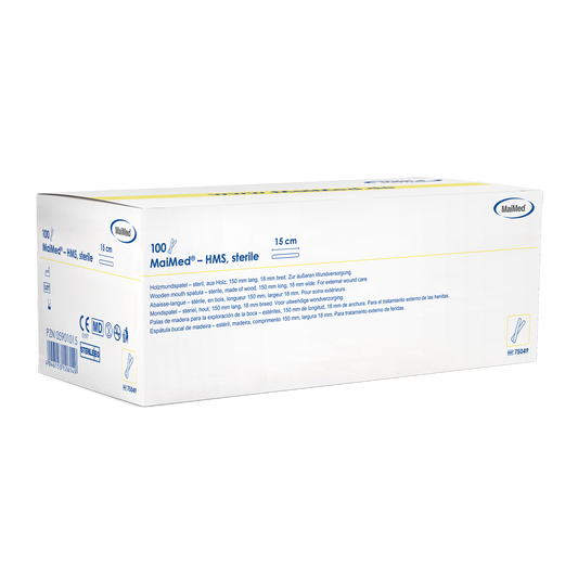 MaiMed - Depresor bucal din lemn steril HMS, lungime 15cm, 100x1 buc. ambalat steril | Cutie (100 bucati)