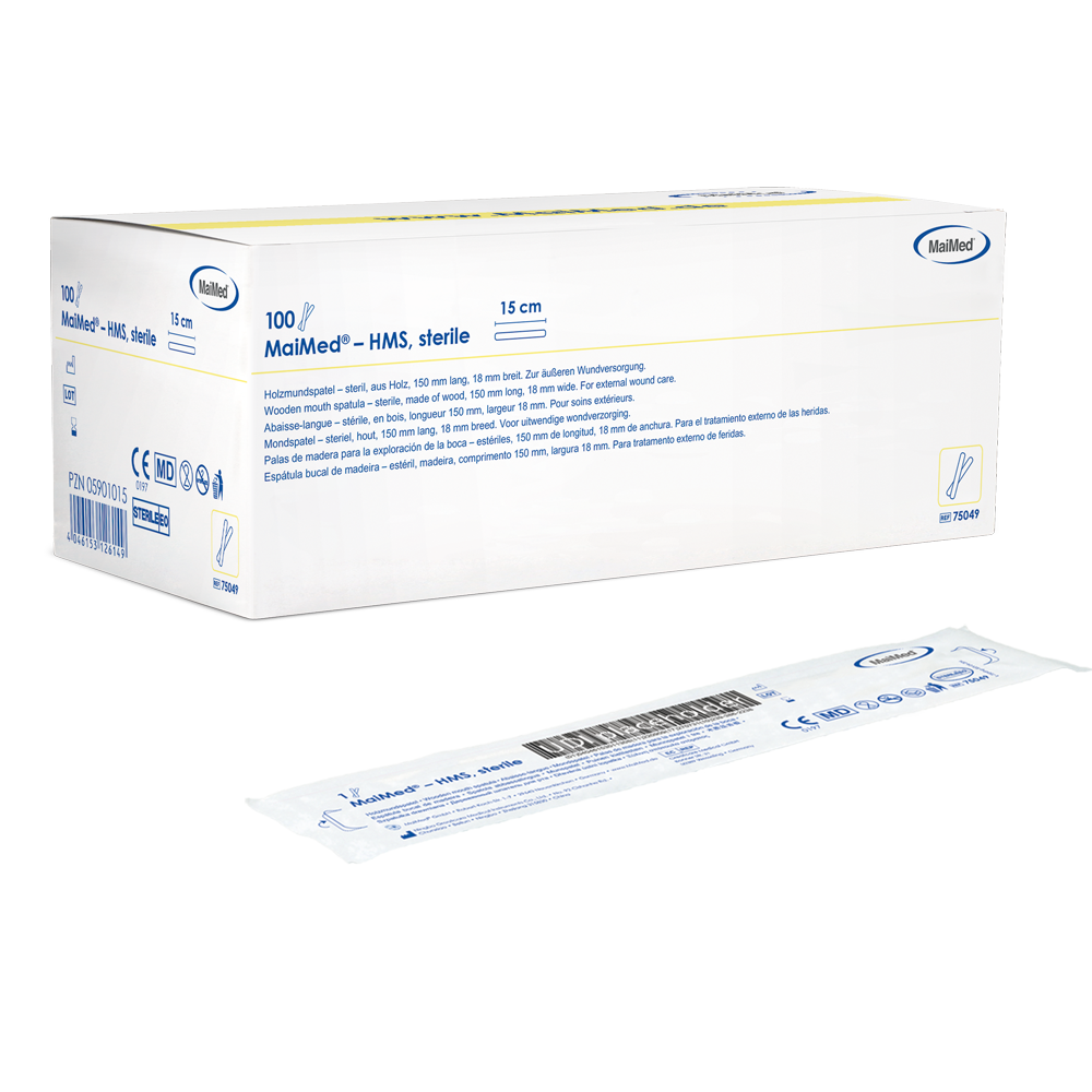 MaiMed - Depresor bucal din lemn steril HMS, lungime 15cm, 100x1 buc. ambalat steril | Cutie (100 bucati)