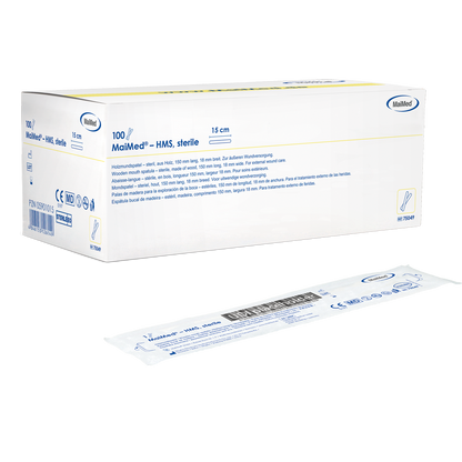 MaiMed - Depresor bucal din lemn steril HMS, lungime 15cm, 100x1 buc. ambalat steril | Cutie (100 bucati)