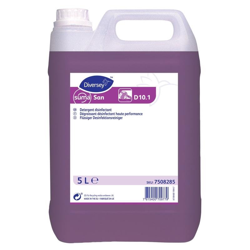 Un recipient de 5 litri de Suma San D10.1, detergent dezinfectant de la Diversey Deutschland GmbH & Co. OHG, cu lichid violet și etichetă albă multilingvă - ideal pentru igiena în domeniul sănătății.