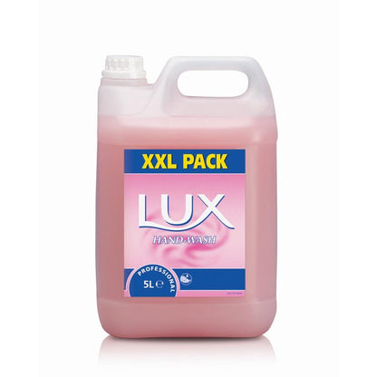 Ein 5-Liter-Kunststoffbehälter mit rosa LUX Pro Formular Hand-Wash Seife von Diversey Deutschland GmbH & Co. OHG, mit Griff und Schraubverschluss oben links, auf weißem Hintergrund.