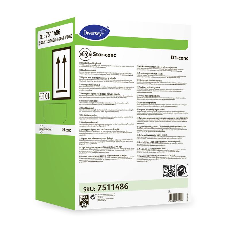 O cutie dreptunghiulară verde-albă cu inscripția "Suma Star-conc D1 conc, detergent de vase concentrat" (10 l) de la Diversey Deutschland GmbH & Co. OHG cu text negru, simboluri și coduri de bare pentru o curățare eficientă.