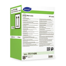 Eine grün-weiße rechteckige Dose mit der Aufschrift "Suma Star-conc D1 conc, hochkonzentriertes Handgeschirrspülmittel" (10 l) der Diversey Deutschland GmbH & Co. OHG mit schwarzem Text, Symbolen und Barcodes für eine effektive Reinigung.