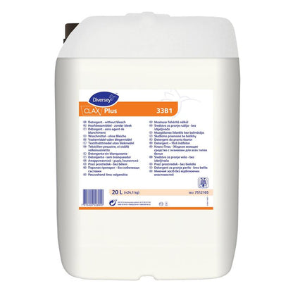 Un recipient de plastic alb de 20 de litri cu Clax Plus 33B1 Detergent lichid fără înălbitor de la Diversey Deutschland GmbH & Co. OHG, ideal pentru spălătorii comerciale, cu etichetă albastru-portocalie în mai multe limbi.