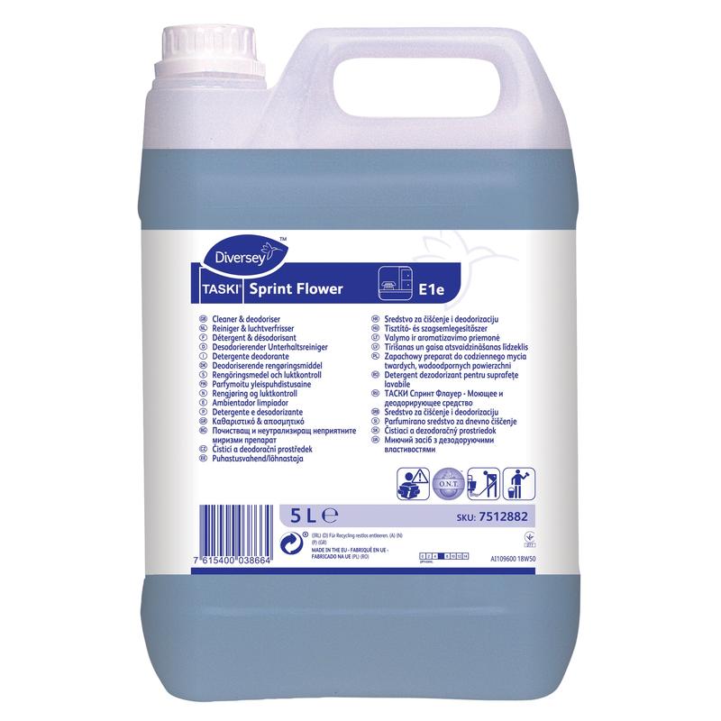 Un recipient de plastic de 5 litri TASKI Sprint Flower Detergent deodorant de întreținere de la Diversey Deutschland GmbH & Co. OHG, cu etichetă albă multilingvă și umplut cu lichid proaspăt de curățare albastru.