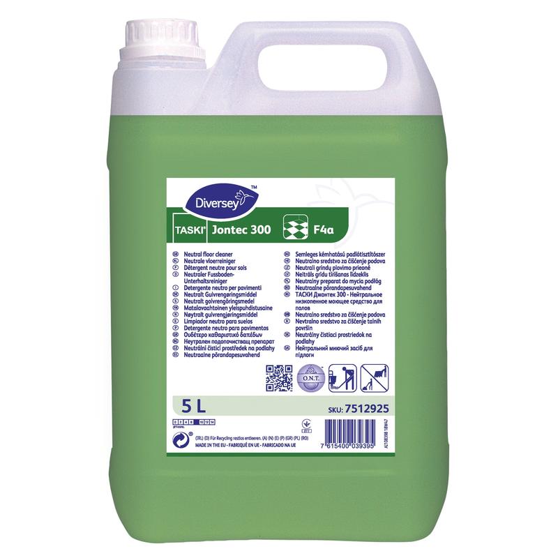 Un recipient de plastic de 5 litri cu TASKI Jontec 300 Detergent neutru pentru întreținerea pardoselilor de la Diversey Deutschland GmbH & Co. OHG, ideal pentru suprafețe rezistente la apă. Lichidul verde, eticheta frontală, instrucțiunile și codul de bare sunt clar vizibile.