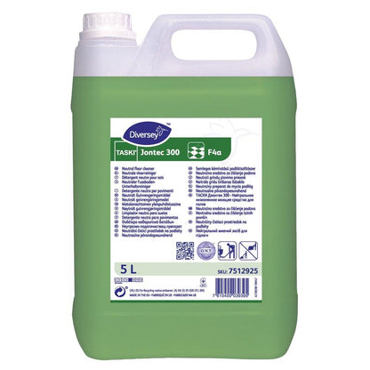 Un recipient de plastic de 5 litri cu TASKI Jontec 300 Detergent neutru pentru întreținerea pardoselilor de la Diversey Deutschland GmbH & Co. OHG, ideal pentru suprafețe rezistente la apă. Lichidul verde, eticheta frontală, instrucțiunile și codul de bare sunt clar vizibile.