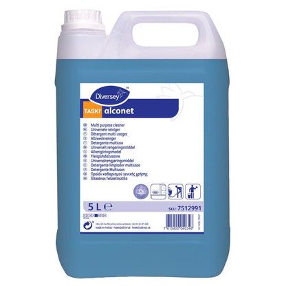 Un recipient de 5 litri TASKI Alconet detergent multiuz de la Diversey Deutschland GmbH & Co. OHG cu lichid albastru și o etichetă albă cu detalii despre produs în mai multe limbi, simboluri și un cod de bare.