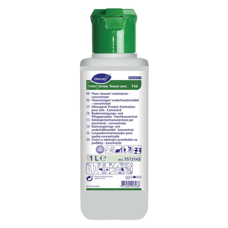 O sticlă albă de 1 litru TASKI Jontec Tensol detergent concentrat de la Diversey Deutschland GmbH & Co. OHG, un detergent concentrat pentru pardoseli cu capac verde și instrucțiuni multilingve pe eticheta frontală.