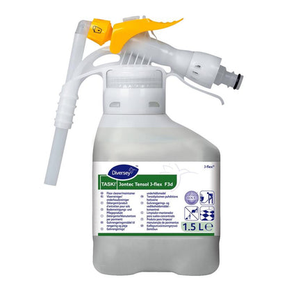 Un recipient de 1,5 litri din plastic alb cu TASKI Jontec Tensol detergent concentrat de la Diversey Deutschland GmbH & Co. OHG, cu un pulverizator galben și o etichetă cu detalii despre produs și instrucțiuni de utilizare.