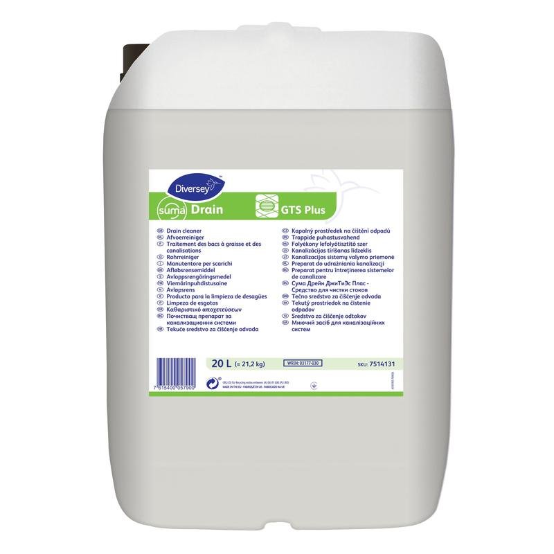 Suma Drain GTS plus de la Diversey Deutschland GmbH & Co. OHG este un bidon mare de plastic alb de 20 de litri cu mâner, ideal pentru scurgerile din bucătărie și baie, cu instrucțiuni multilingve și logo-ul Diversey.