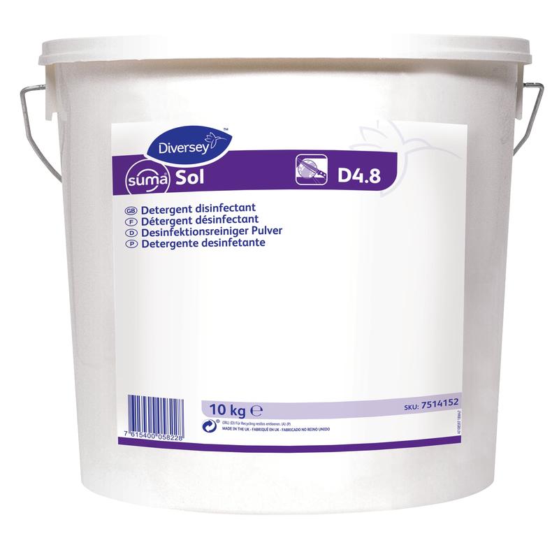 O găleată de plastic albă de 10 kg cu inscripția "Suma Sol D4.8, dezinfectant" de la Diversey Deutschland GmbH & Co. OHG are un text multilingv, un mâner metalic și un cod de bare în partea de jos a etichetei.