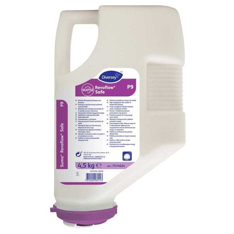 Un cartuș alb de 4,5 kg Suma Revoflow Safe P9, un detergent sigur pentru aluminiu de la Diversey Deutschland GmbH & Co. OHG are un capac violet și o etichetă cu informații despre produs și instrucțiuni pentru o curățare eficientă pe partea din față.