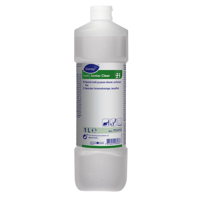 O sticlă de 1 litru din plastic transparent cu detergent TASKI Jontec Clear pentru suprafețe dure de la Diversey Deutschland GmbH & Co. OHG, cu capac alb și o etichetă alb-albastru-verde cu informații despre produs și simboluri de utilizare.
